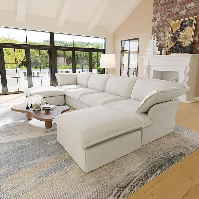Cloud Modular Sectional Sofa,165.2" Down Filled U Shaped Sofa Couch for Living Room,Minimalist Wide Deep Seat Convertible Couches,Sofa Covers Washable&Replaceable (4 Seater and 2 Ottoman,White)