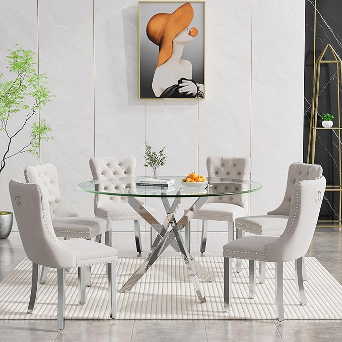 47.24" Round Glass Dining Room Table for 6 with Tempered Glass Top and Silver Metal Legs, Modern Clear Kitchen and Dinner Table for Home Office Dining Room