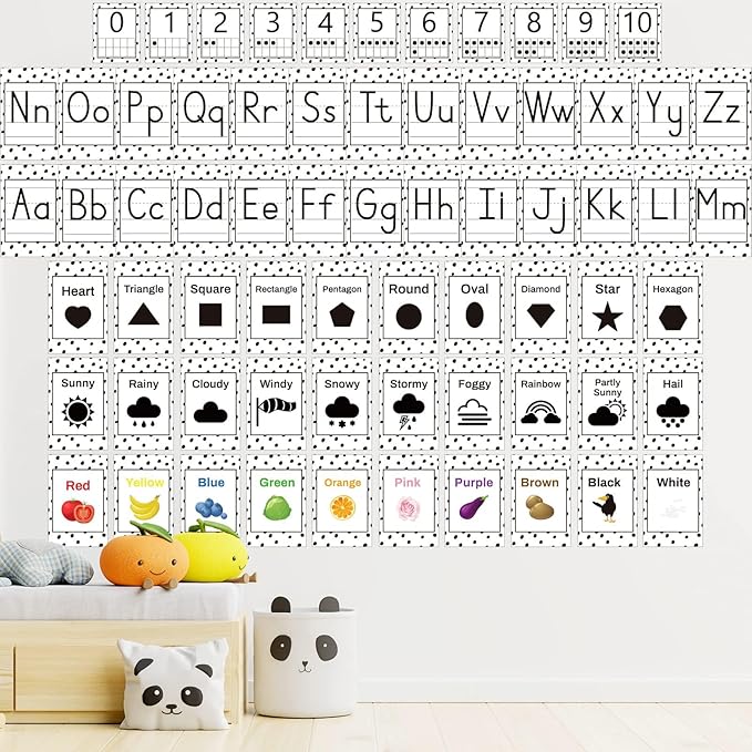 67 PCS Classroom Alphabet Number Educational Poster Cards with Weather Shape Color Learning Cards Decorations, Black and White Polka Dot Bulletin Board Letter, School Home Wall Decor for Teacher