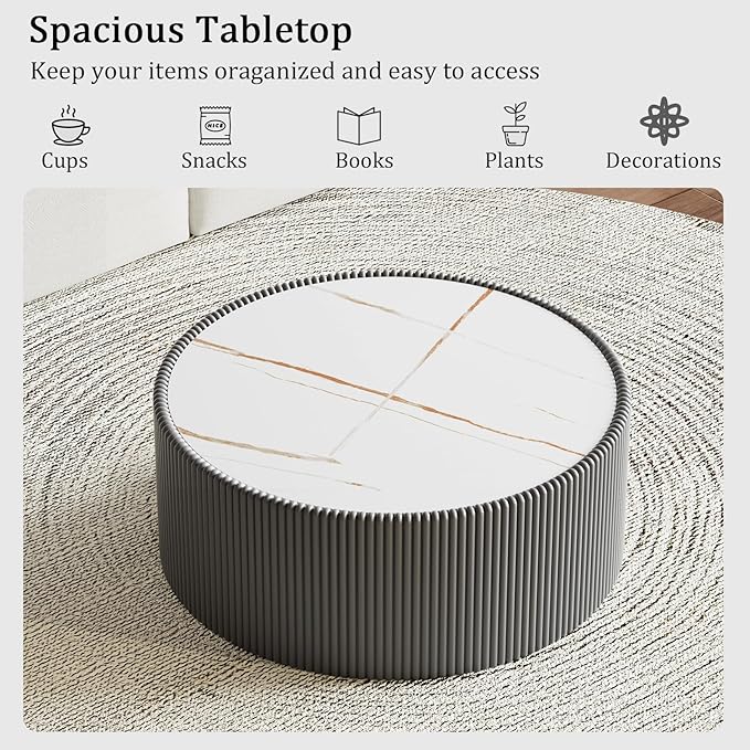 Round Coffee Table Set with Sintered Stone Tabletop, 29.52" Grey Drum Center Table and 17.71" Grey Coffee Table Set, 2 Pieces Living Room Table Set with Fluted PU Leather Cover& Stable Base