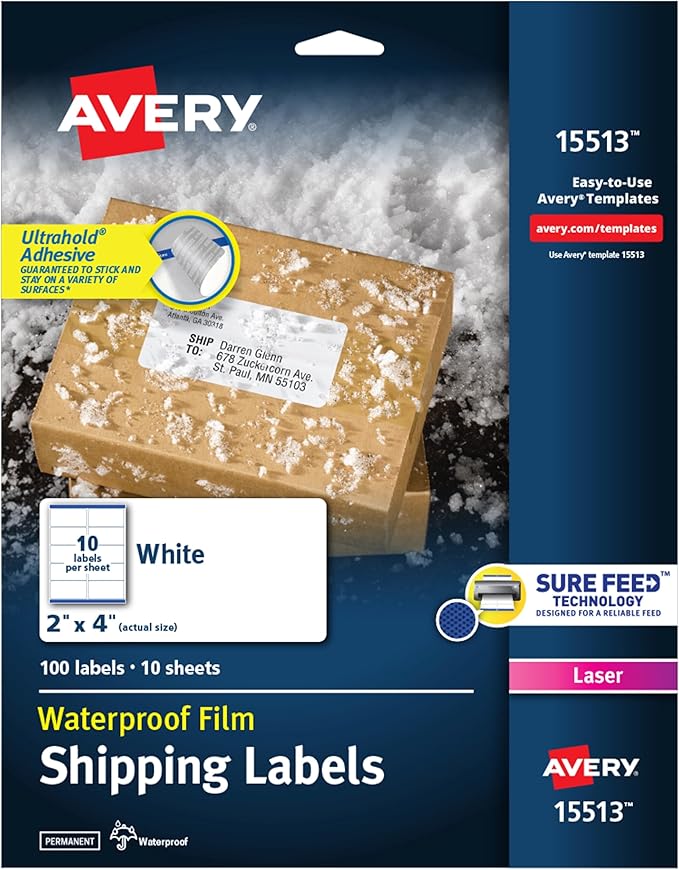 Avery Waterproof Labels with Ultrahold Adhesive, 2" x 4", Case of 500 Labels for Laser Printers (15513)