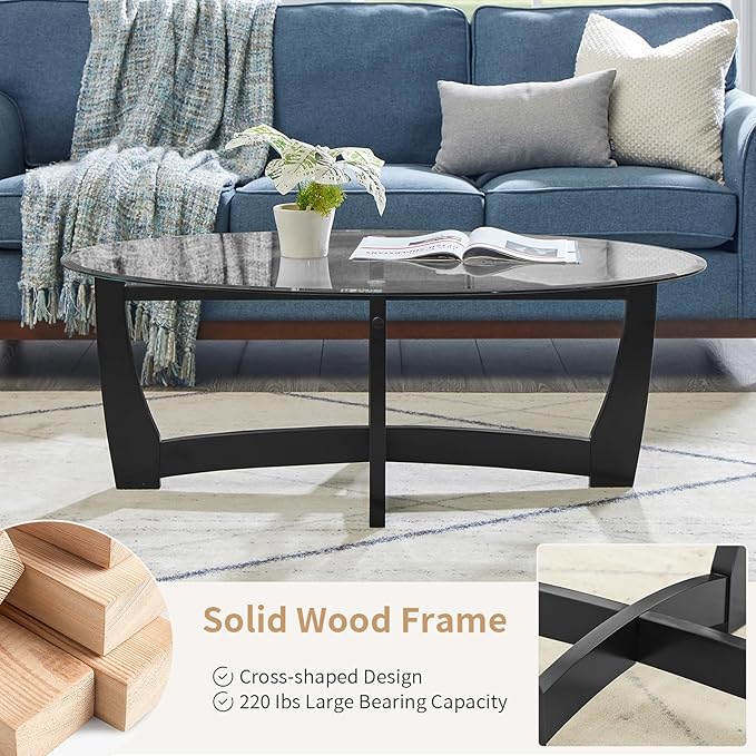LKTART 48" Oval Glass Coffee Table with Black Tempered Glass Top Cross and Solid Wood Base Simple & Modern Center Table for Living Room Office Apartment Black