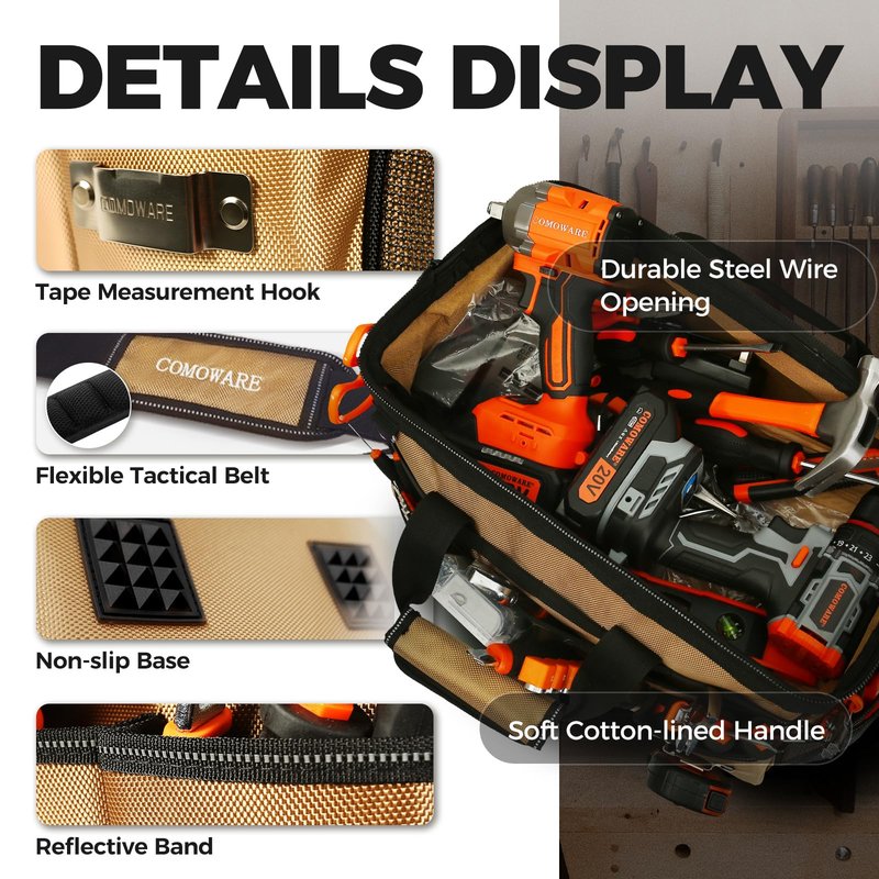 COMOWARE 16" Tool Bag, 19-Pocket Heavy Duty Tool Organizer with Adjustable 51.2" Shoulder Strap, 1680D Oxford Fabric & PVC Coating, Reflective Strips, Tactical Loops, Mechanics, Plumbers, DIY