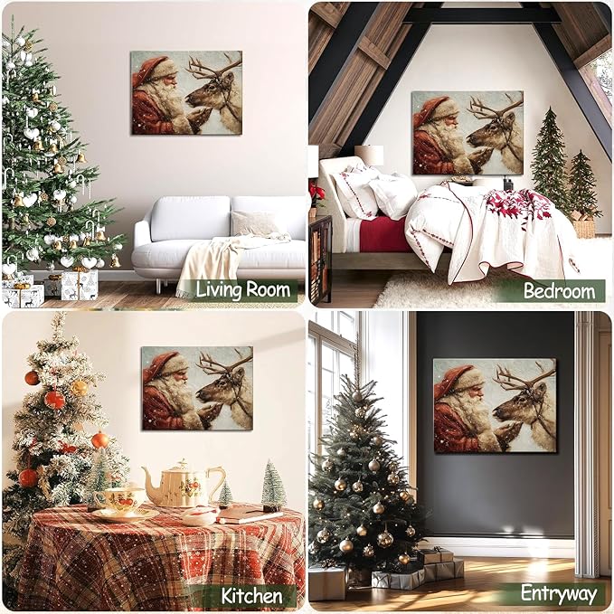 Santa Claus & Reindeer Christmas Canvas Wall Art - Festive Framed Print for Living Room & Office Decor, Ready-to-Hang Christmas Wall Art, Ideal Christmas Gifts & Holiday Decorations