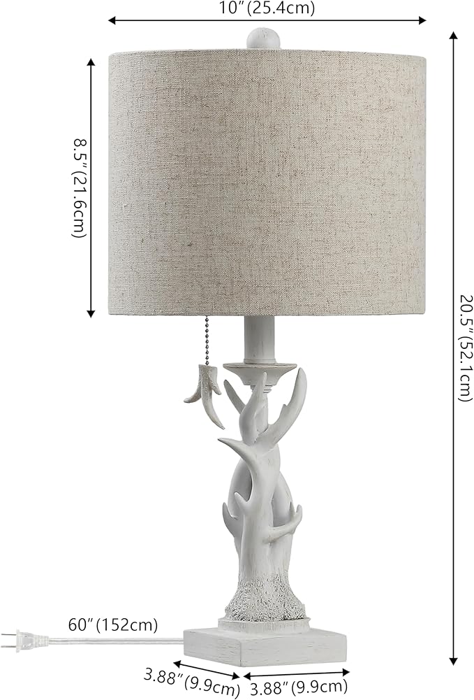 JONATHAN Y 20.5" Antique White Rustic Antler Table Lamp for Bedroom Farmhouse Decor, Mini Faux Antler Desk Lamp with Gray Linen Shade, Lodge Cabin Nightstand Lamp, LED Bulb (JYL1031C)