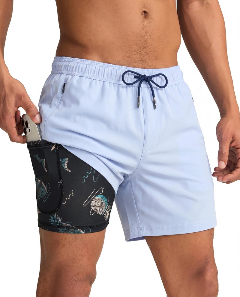 maamgic Mens Swim Trunks with Compression Liner 5 Inch, Quick Dry Bathing Suit with Zipper Pockets, Stretch No-Chafing Swim Shorts, Mist Blue X-Small