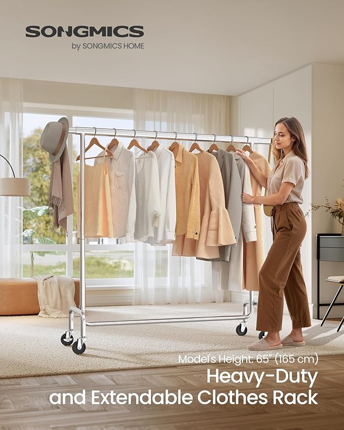 SONGMICS Clothes Rack with Wheels, Heavy-Duty Garment Rack with Extendable Hanging Rod, 286.6 lb Load Capacity, 17.7 x (43.3-59.1) x 64.1 Inches, Chrome-Plated, Silver UHSR11S