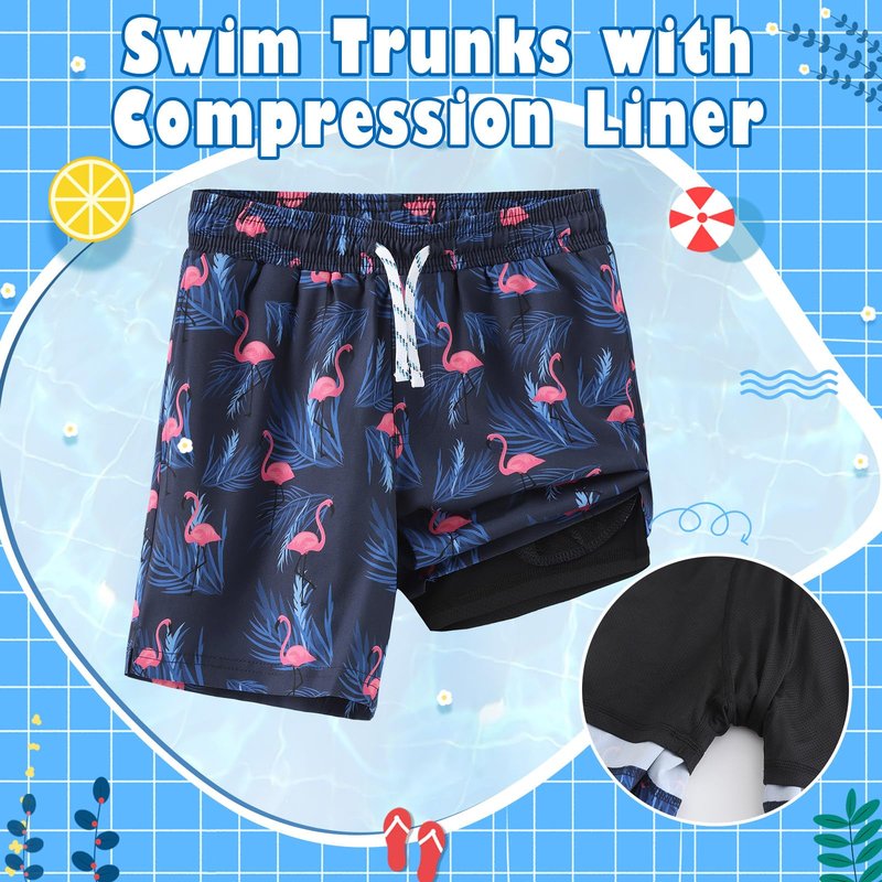 HODOSPORS Boys Swim Trunks with Compression Liner Swimsuit Bathing Suit Toddler Board Shorts Navy Flamingo