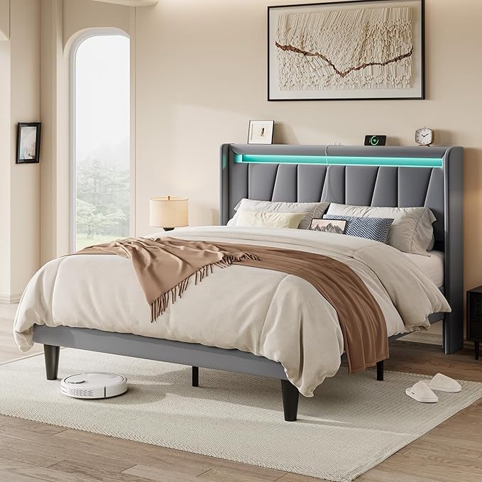 Allewie Full Size LED Bed Frame with Charging Station, Velvet Upholstered Platform Bed with Geometric Wingback Headboard, Modern Frame with No Box Spring Needed, Easy Assembly, Grey