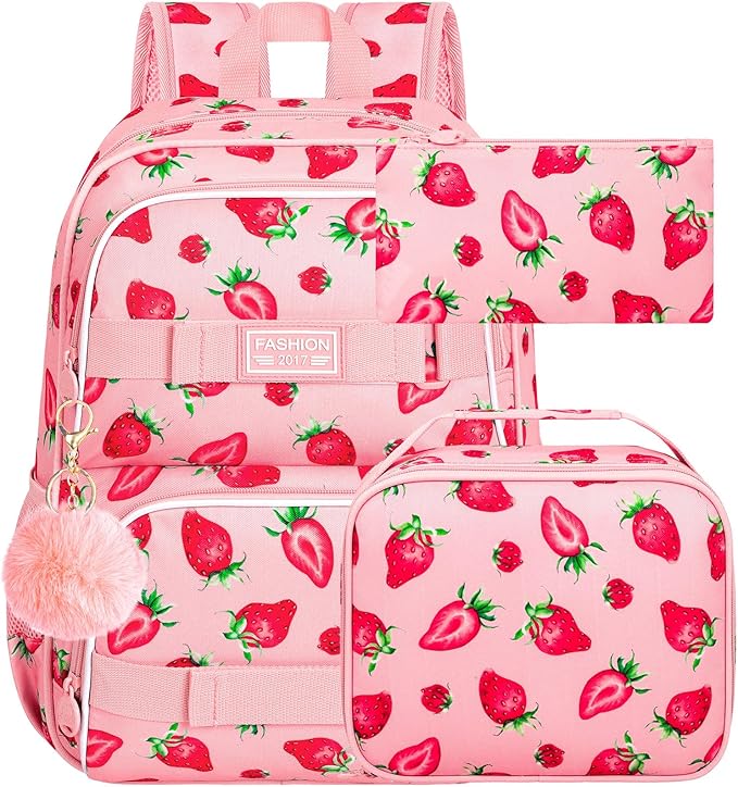 3PCS Backpack for Girls, 17" Water Resistant School Bag with Lunch Box, Cute Strawberry Bookbag Set for Women College Teenagers High Middle Elementary