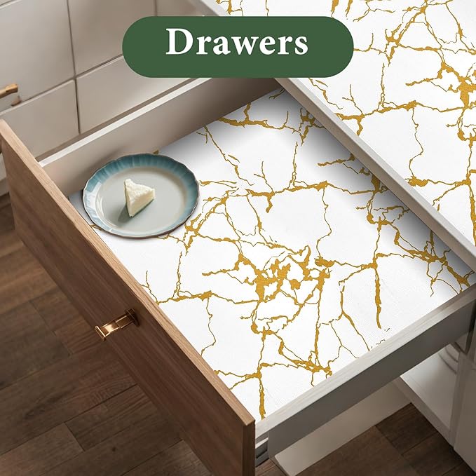 Drawer and Shelf Liner for Kitchen Cabinet Non Slip Waterproof Shelf Paper 12 in X 30 Ft Non Adhesive Refrigerator Liners Gold White Marble Easy Liners for Bathroom Cupboard