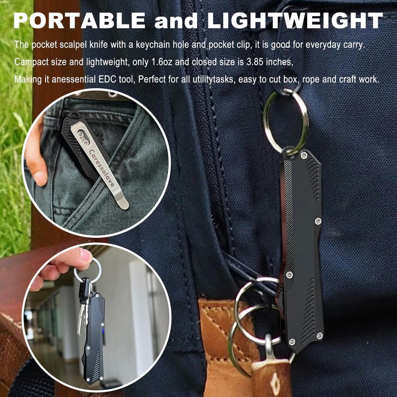 Caressolove Automatic Scalpel Pocket Knife For Daily Tasks, Small Auto Retractable Knife Push Button, 5PCS #60 Mini Razor Blades Utility Knife, EDC Replaceable Blade Box Cutter with Clip