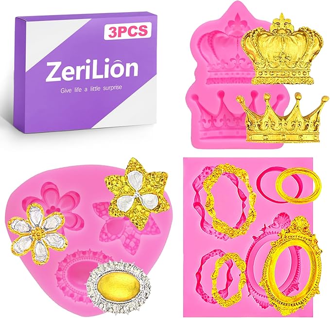 ZeriLion Baroque Fondant Molds Set - 3 Pcs with Crown, Vintage Photo Frame Shapes for Cake Decorating, Cupcake Toppers, Gum Paste, Chocolate, Candy, Polymer Clay Making