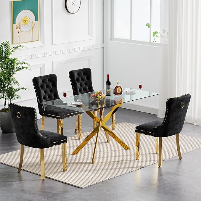 51" Rectangular Glass Dining Room Table for 4 with Tempered Glass Top and Gold Metal Legs, Modern Clear Kitchen and Dinner Table for Home Office Dining Room