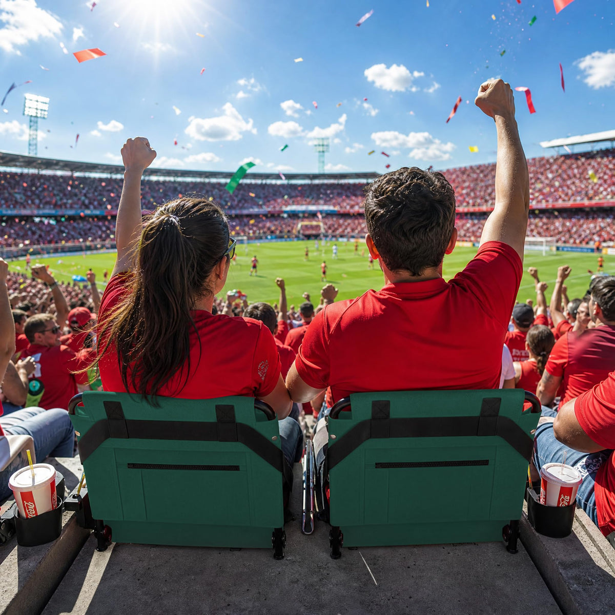 ACIPENSER 2pcs Stadium Seat for Bleachers with Back Support，Portable Bleacher Chairs with Back and Cushion，Includes Shoulder Strap and Cup Holder，Green
