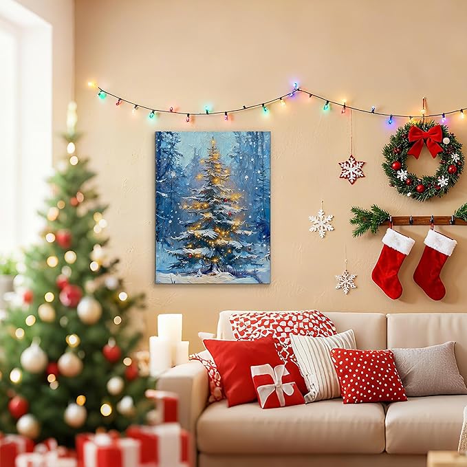 Framed Christmas Pictures Wall Decor,Vintage Pine Tree Prints,Winter Christmas Canvas Wall Art Decoration for Bedroom Bathroom Living Room Rustic Xmas Holiday Gifts (Christmas Tree 1, 12'' X 16'')