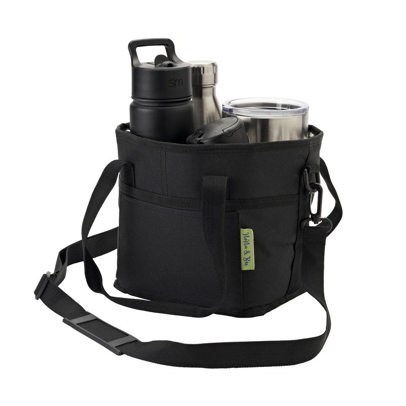 4 Water Bottle Holder with Strap | Family Size 4 Compartment Drink Bag, Multiple Tumbler Carrier Caddy | Adjustable Fits Large & Small Drinks | Hands Free, Won't Tip Over in Car (Black)