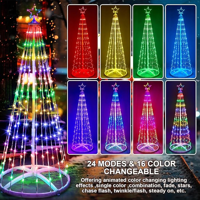 1 Pack 9FT Christmas LED Cone Tree Lights 24 Modes Color Changing with Timer Foldable Lighted Trees Waterproof Outdoor String Lights Holiday Decor for Christmas New Year Xmas Decorations