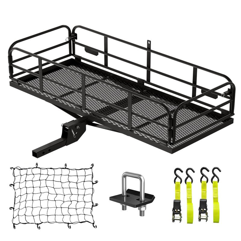 KAIRAY 500 Lbs Heavy Duty Hitch Mount Cargo Carrier 60"x24"x14.4" Folding Cargo Rack Rear Luggage Basket Fits 2" Receiver for Car SUV Camping Traveling with Hitch Stablizer Cargo Net Ratchet Straps
