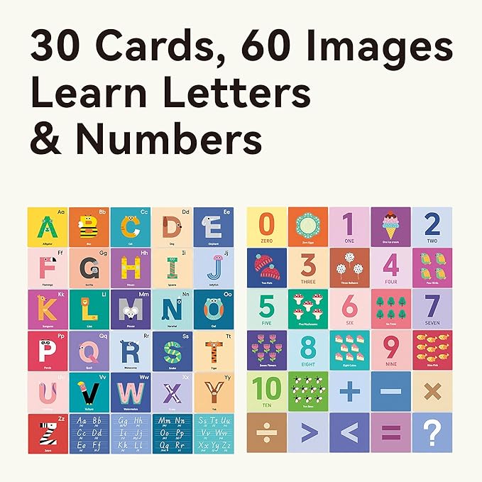 Dotimo ABC Learning Flash Cards, Number Flash Cards 0-10, 30 Double Sides Cards for Suitable for Toddlers 3+, Early Letter Learning & +−×÷ Symbols Learning, for Classroom Homeschool Supplies