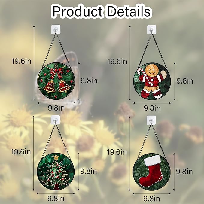 Stained Glass Window Hanging 4 Pcs Set Red Christmas Stockings and Gingerbread 9.8" - Suncatcher Door Garden Sun Catcher Decor Birthday Mother's Day Xmas Gifts for Mom Woman Nana Men