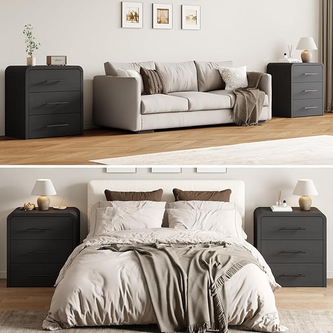 Curved 3-Drawer Nightstand Dresser, 23.6'' Wide Modern Wood Bedside Tables with Long Metal Handles, Large Storage End Tables for Bedroom, Office, Black