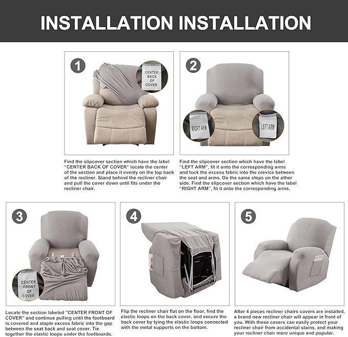 Genina Recliner Chair Covers, Stretch Reclining Chair Cover, Recliner Sofa Slipcovers Stripe Jacquard Lazy Couch Covers Furniture Protector Covers for Pet Kid (Light Grey, 1 Seat)
