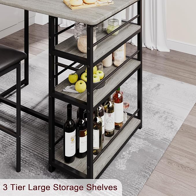 CABIHOME Dining Table Set for 2, Kitchen Table and Upholstered Chairs for 2, 3 Piece Counter Height Bar Table Set with 3 Large Storage Shelves for Small Space, Apartment, Studio, Rustic Gray