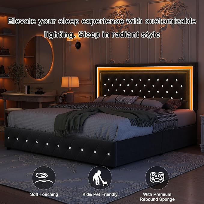 Full Bed Frame with LED Lights, Storage Drawers, No Box Spring Needed, 900 lbs Capacity, Easy Assembly, Velvet Grey