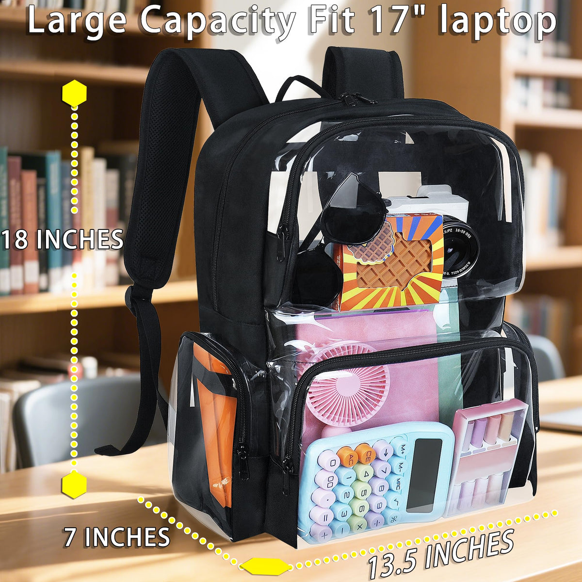 YOLIBON Clear Backpack Heavy Duty,18'' Large Clear Backpack with Multiple Pockets,See Through Bookbag for Boys & Girls,College Work Security,Black