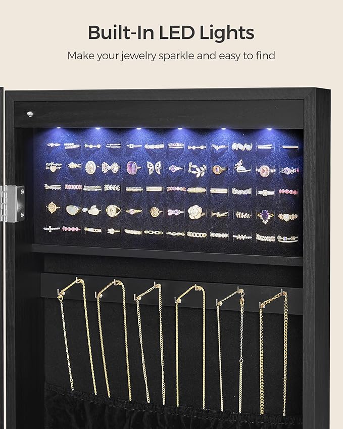 SONGMICS Hanging Jewelry Cabinet, Wall-Mounted Cabinet with LED Interior Lights, Door-Mounted Jewelry Organizer, Full-Length Mirror, Gift Idea, Ink Black UJJC099B01