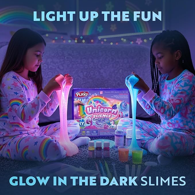 Playz Unicorn Slime & Crystals 100+ Science Experiments Kit Gift for Girls & Boys to Make Glow in The Dark Unicorn Poop, Snot, Fluffy Slime, Crystals, Putty, Arts & Crafts for Kids Age 8-12
