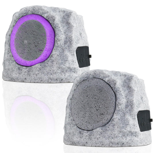 GGII 2-Pack Solar Powered Rock Speakers Outdoor Water-Resistant with 3 Mode Lights and Pair Function USB Rechargeable for Patio Garden Party Pool Outside(Two A)