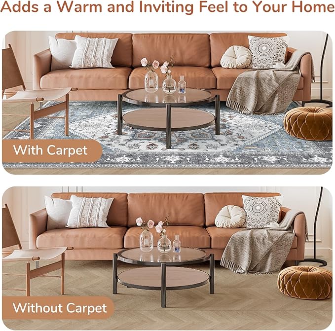 OPPODREAM Thin Area Rugs 3x5, Washable Rugs with Non Slip Backing, Low-Pile Throw 3x5 Carpet, Faux Cashmere 3 x 5 Carpet, Grey & Teal & Yellow