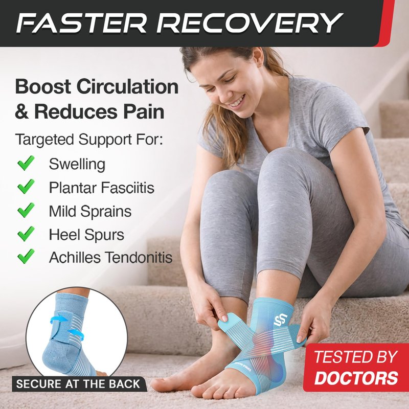 Sleeve Stars Ankle Brace for Women & Men, Ankle Wrap for Sprained Ankle, Compression Sleeve for Plantar Fasciitis Relief, Easy Customizable Support: w/Removable Strap (Single/S:9"-10"/Light Blue)