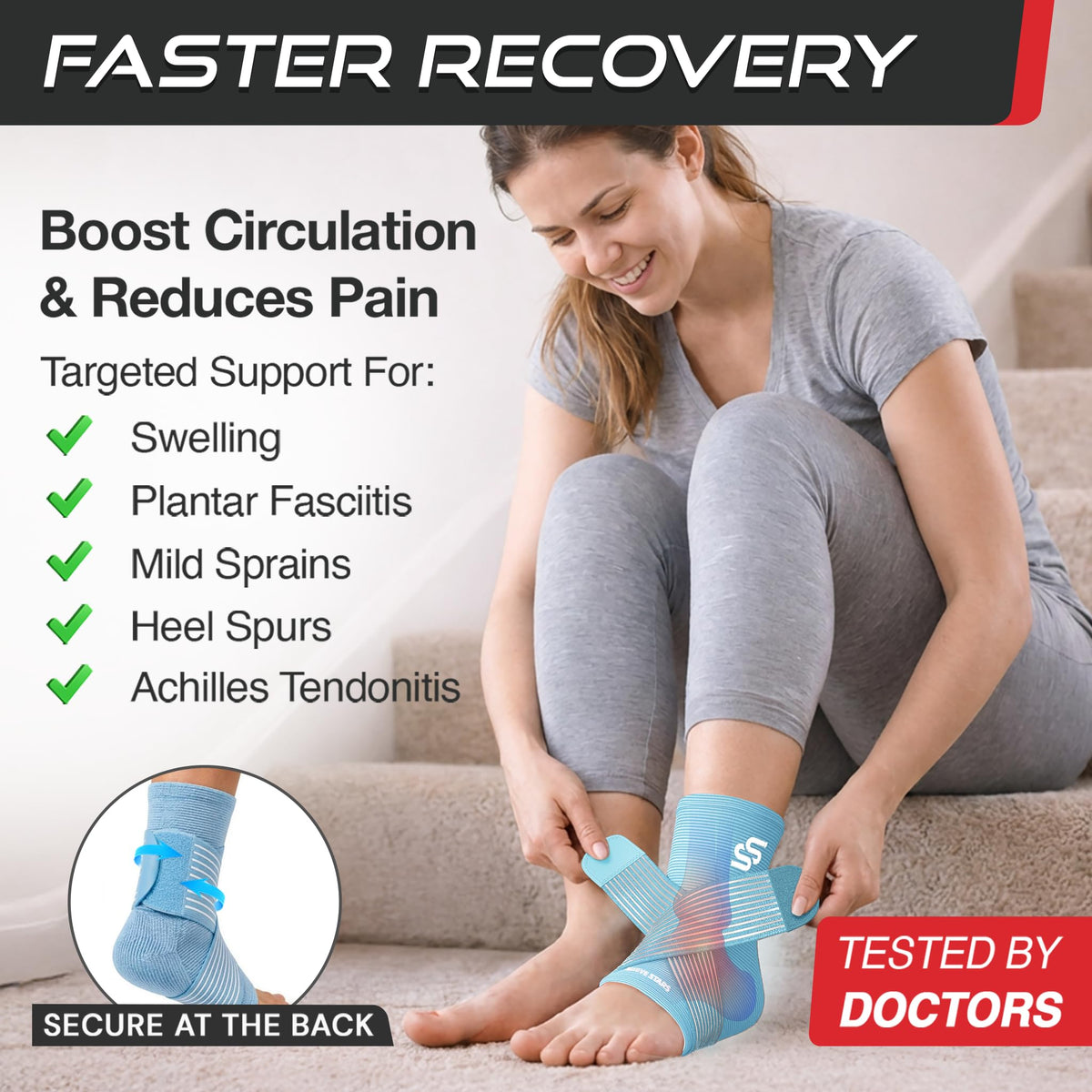 Sleeve Stars Ankle Brace for Women & Men, Ankle Wrap for Sprain, Compression Sleeve for Plantar Fasciitis Relief, Easy Customizable Support: w/ Removable Strap (Single/M:10"-12"/Light Blue)