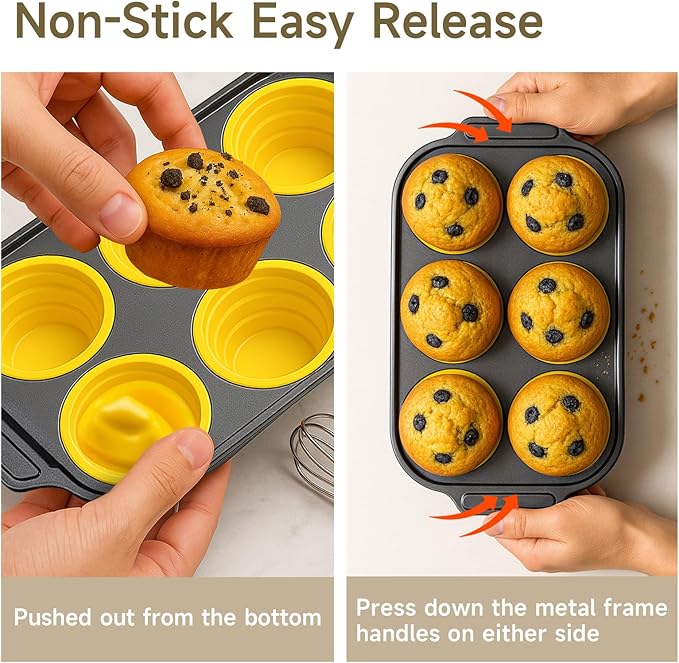 Arimagroup Silicone Muffin Pan for Baking with Metal Frame, Nonstick, 6 Cups Silicone Cupcake Pan, Muffin Tray,Jumbo Muffin Pan, Muffin Molds for Baking Muffins, Cupcakes, Egg Bites (Yellow, 1Pcs)