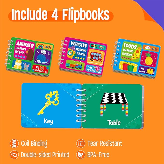 4 Early Learning Flipbooks, Double-Sided Mini Book Set - Animals, Foods, Vehicles, Daily Items, Early Educational Language Learning Tool for Kids