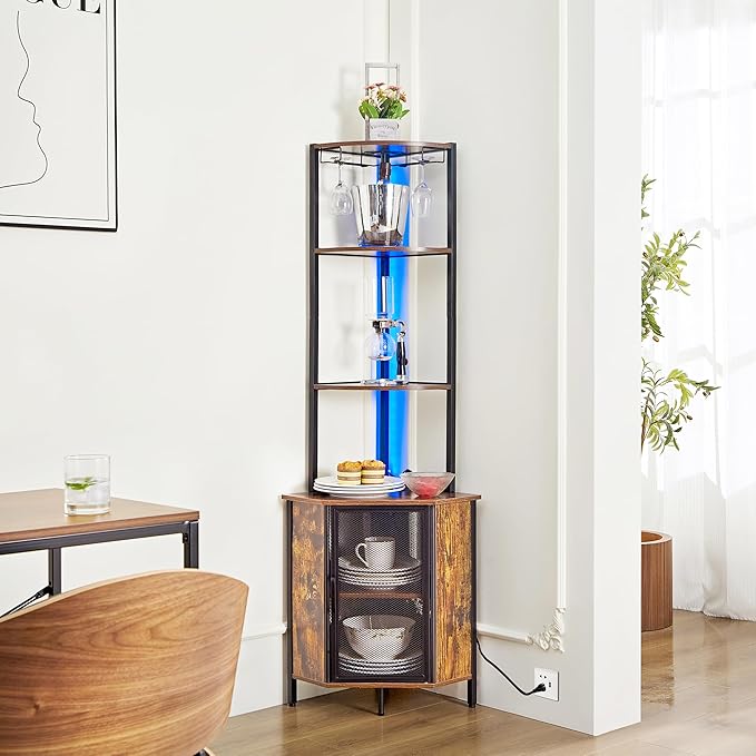 VECELO 6 Tier Corner Shelf with LED Light and Charging Station, 63” Tall Standing Cabinet Organizer, Narrow Bookshelf with Storage Rack for Living Room, Bedroom, Kitchen, Balcony, Small Space