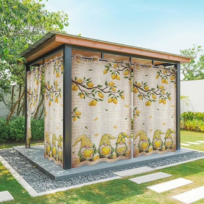Summer Gnome Outdoor Curtains for Patio Gnome Lemon Leaf Vintage Waterproof