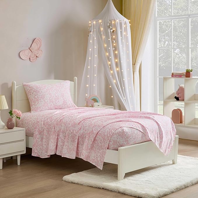 Laura Ashley Kids - Full Sheet Set, Soft & Wrinkle-Resistant Toddler Bedding Set, Deep Pockets, Girl Bed Sheets with Matching Fitted Sheet & Pillowcases (Toile Unicorn Pink)