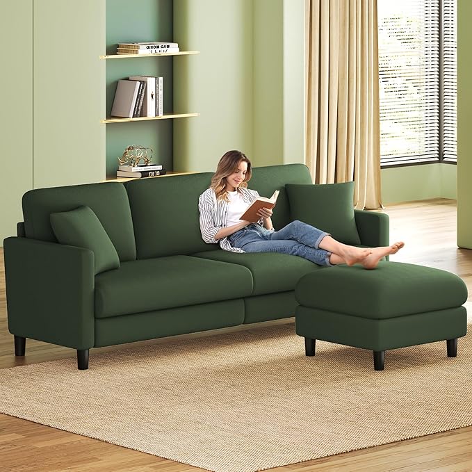 83" Couches for Living Room, Comfy Sofas for Living Room with Storage Ottoman, Teddy Sofa Couch, Tool-Free Loveseat Sofa, All-Wood Love Seat Couches, L Shaped Couch 2 Pillow Included, Green