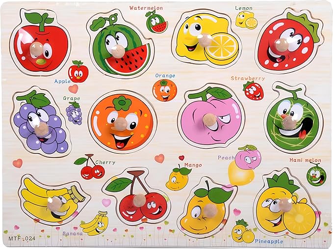 Fruits Puzzle Wooden for Toddlers 3+ Years Old Montessori Fruit Learning Toy with Sorting Board Colorful Fruit Blocks - Educational Preschool Toy for Boys Girls - Fine Motor Skills Early Learning