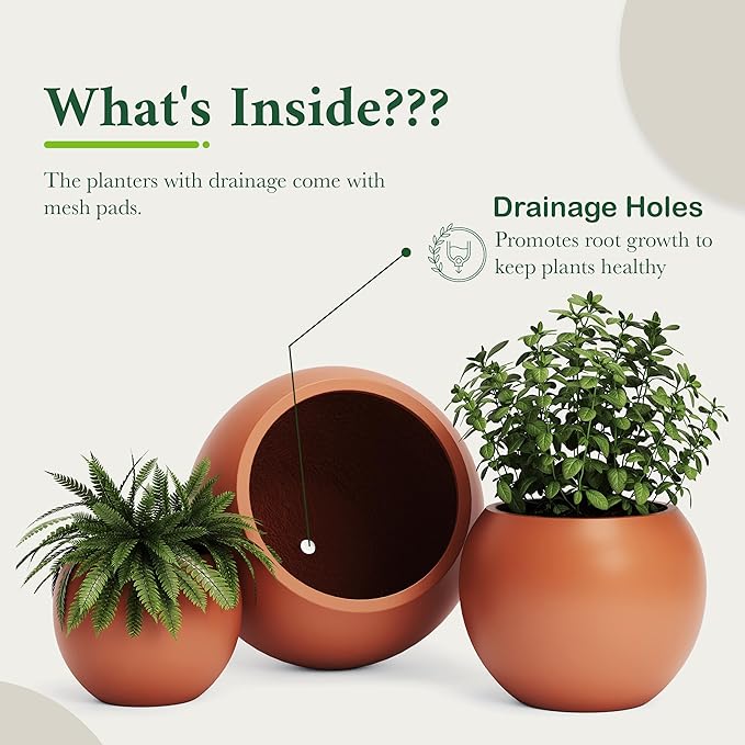 DTY Signature Mount Sherman Modern Indoor Outdoor Fiberstone Sphere Planter, Durable Round Garden Pot, Weather Resistant, Drainage Hole & Rubber Plug, Planter for Christmas Tree - Large, Terracotta