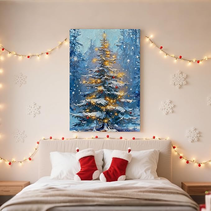 Framed Christmas Pictures Wall Decor,Vintage Pine Tree Prints,Winter Christmas Canvas Wall Art Decoration for Bedroom Bathroom Living Room Rustic Xmas Holiday Gifts (Christmas Tree 1, 24'' X 36'')