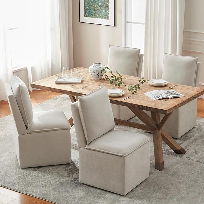 VKNOW Upholstered Dining Chairs Set of 2, Modern Rolling Chairs with Storage and Wheels, Linen Armless Chair with Cushion and Backrest, Dining Room Chairs for Living Room Kitchen Bedroom, Beige