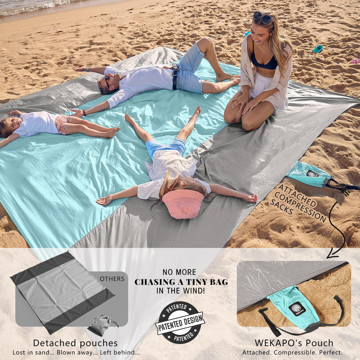 WEKAPO Beach Blanket - Sandproof Waterproof Extra Large Beach Mat | Oversized Sand-Free Lightweight Quick-Drying | Beach Vacation Essentials with Stakes & Corner Pockets (Grey, 9x7 FT)