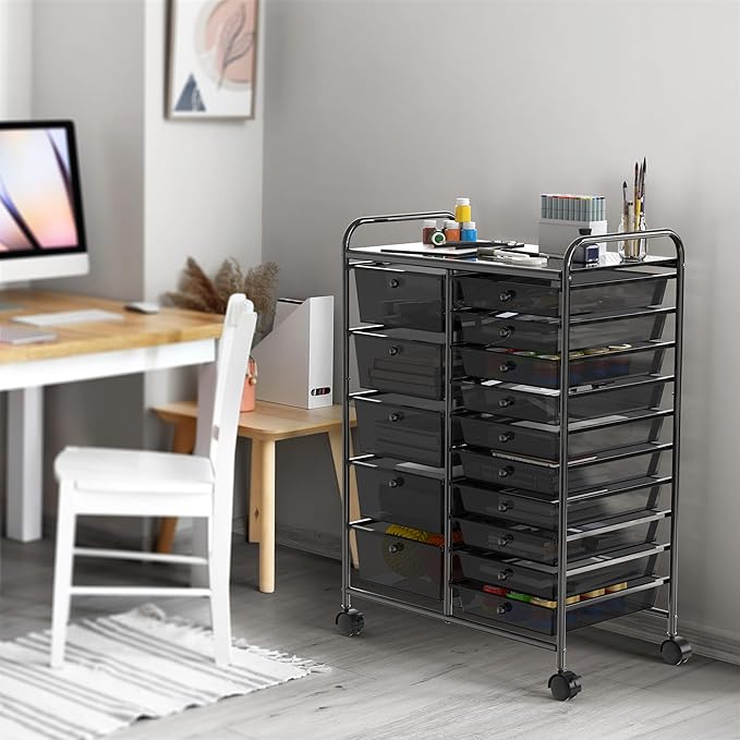Simple Houseware Utility Cart with 15 Drawers Rolling Storage Art Craft Organizer, Black