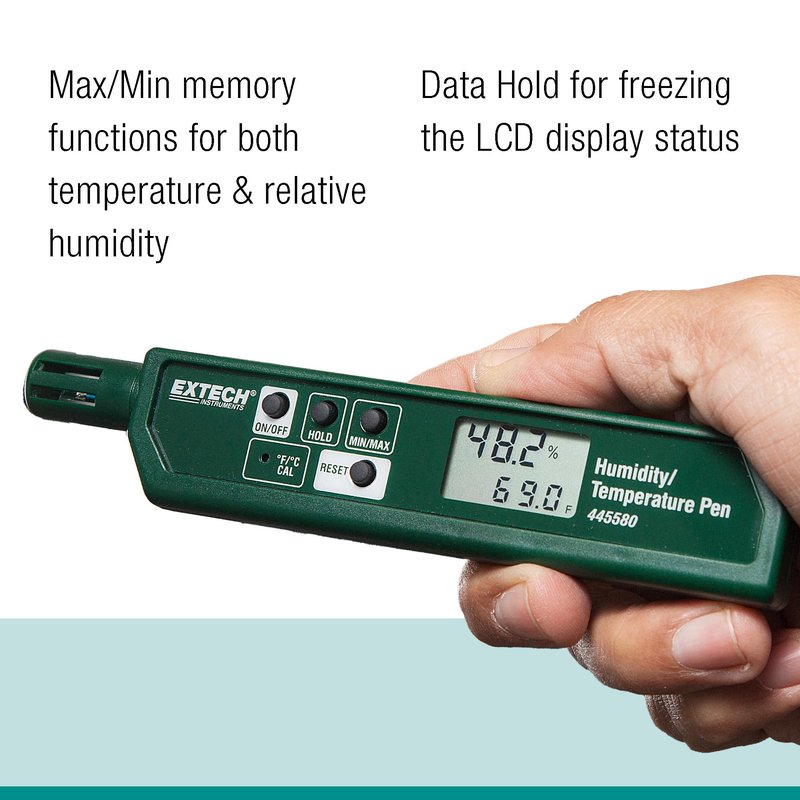 Extech 445580 Humidity and Temperature Pen with Fast Response Sensor, Min/Max Memory, Dual LCD, Pocket-Sized Hygrometer for HVAC, Labs, Storage Rooms, Indoor Air Monitoring
