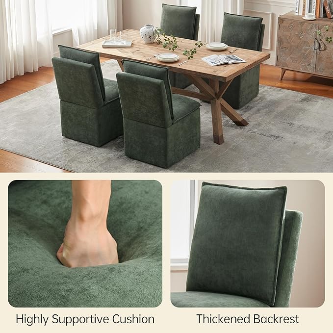 VKNOW Upholstered Dining Chairs, Modern Rolling Chairs with Storage and Wheels, Linen Armless Chair with Cushion and Backrest, Dining Room Chairs for Living Room Kitchen Bedroom, Green